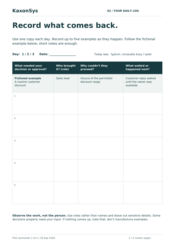 Preview of the daily log page, with four columns: decision, role, reason work could not proceed, and what happened next
